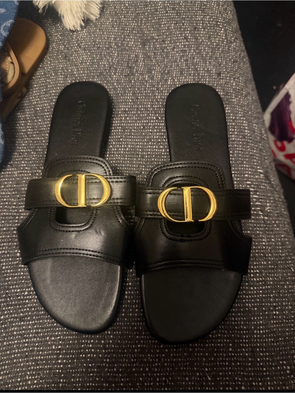 Dior Black Leather Slide Sandals with Gold CD Emblem